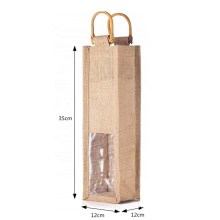 Promotion Custom Durable Recycle Single Bottle Jute Holder See-through PVC Window Burlap Wine Bags with Bamboo Handle